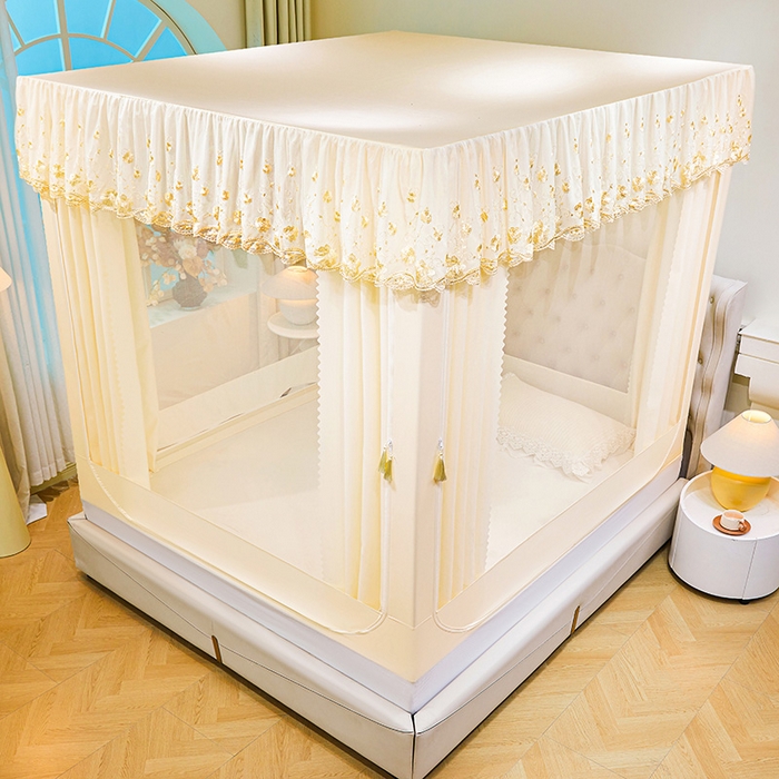 91家纺网 家纺一手货源 找家纺 艾晶美家纺有限公司 2025新款坐式刺绣床帘蚊帐 奶黄色