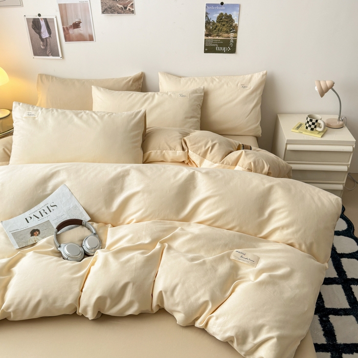 91家纺网 家纺一手货源 找家纺 曼之夏 2025新款全棉双拼四件套 贴标-米色+浅驼