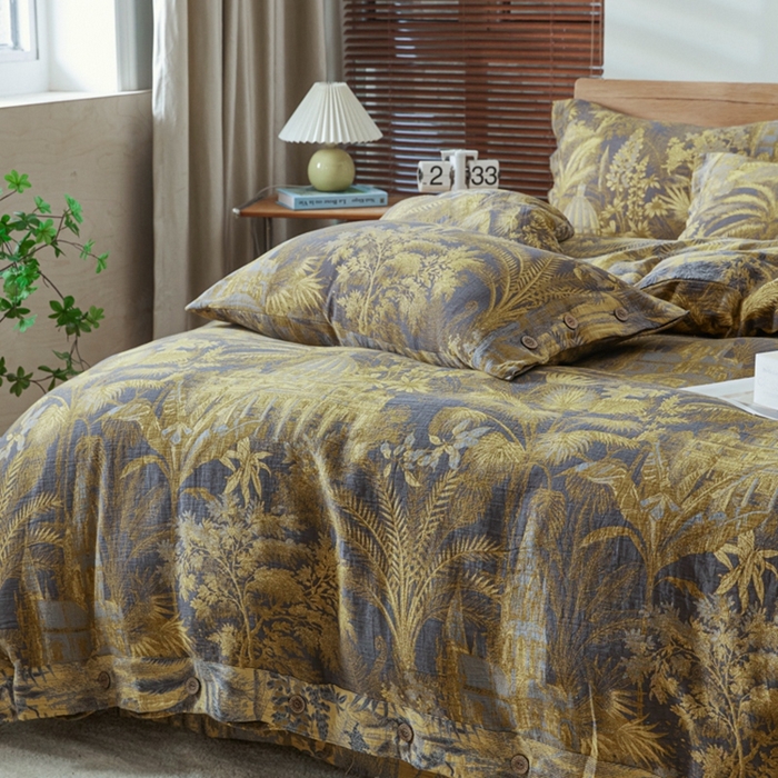 91家纺网 家纺一手货源 找家纺 鲁爱 2025新款全棉色织双层纱纽扣款四件套 玉树琼林-黑金