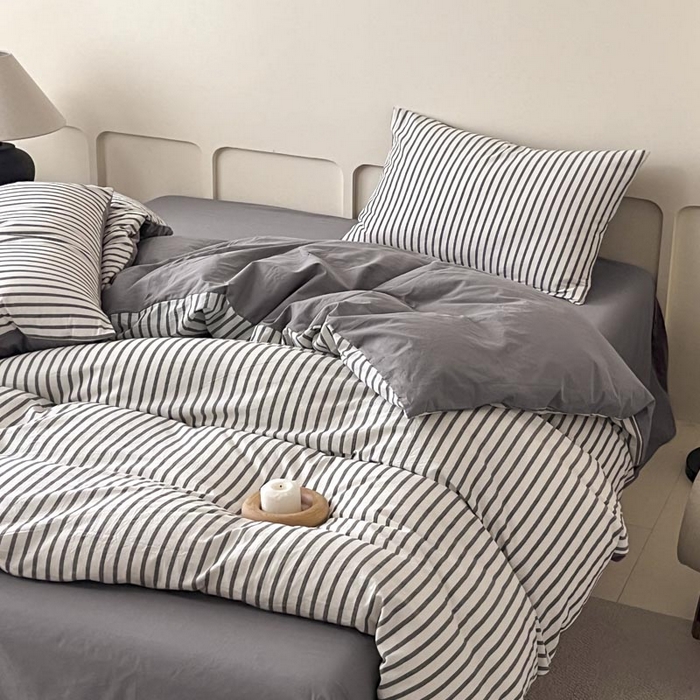 91家纺网 家纺一手货源 找家纺 ab家纺 2024新款色织全棉40支水洗棉条纹四件套  优岸-灰