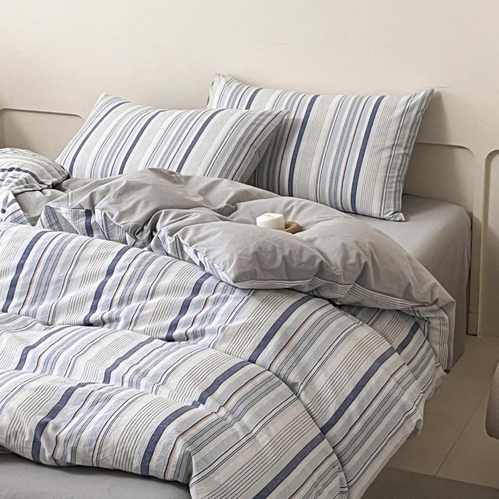 91家纺网 家纺一手货源 找家纺 ab家纺 2024新款色织全棉40支水洗棉条纹四件套  西蒙-蓝