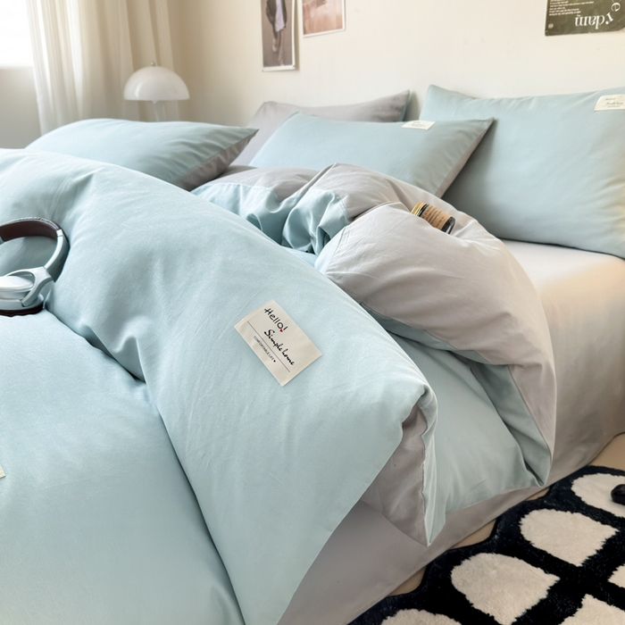91家纺网 家纺一手货源 找家纺 曼之夏 2025新款全棉双拼四件套 贴标-水兰+米灰