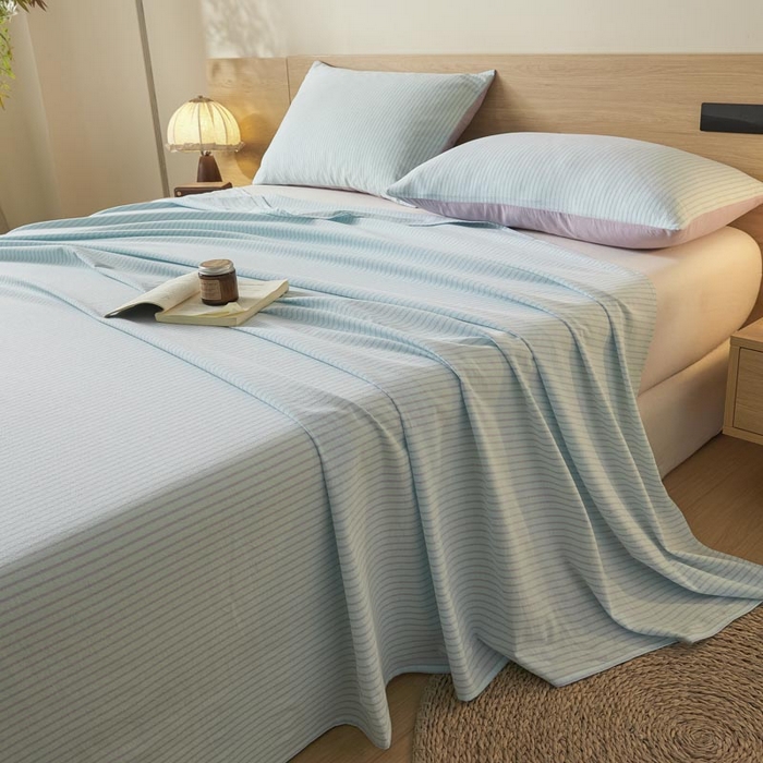 91家纺网 家纺一手货源 找家纺 ab家纺 2025新款简约色织水洗棉床单 余晖-蓝紫