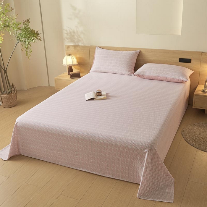 91家纺网 家纺一手货源 找家纺 ab家纺 2025新款简约色织水洗棉床单 芙卡格-粉