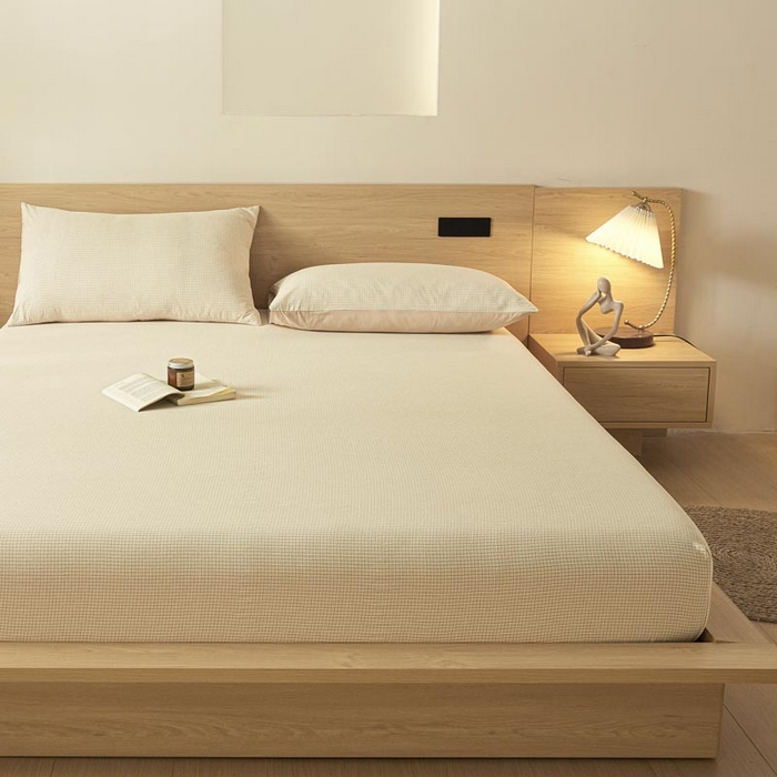 91家纺网 家纺一手货源 找家纺 ab家纺 2025新款简约色织水洗棉床笠 可颂-黄