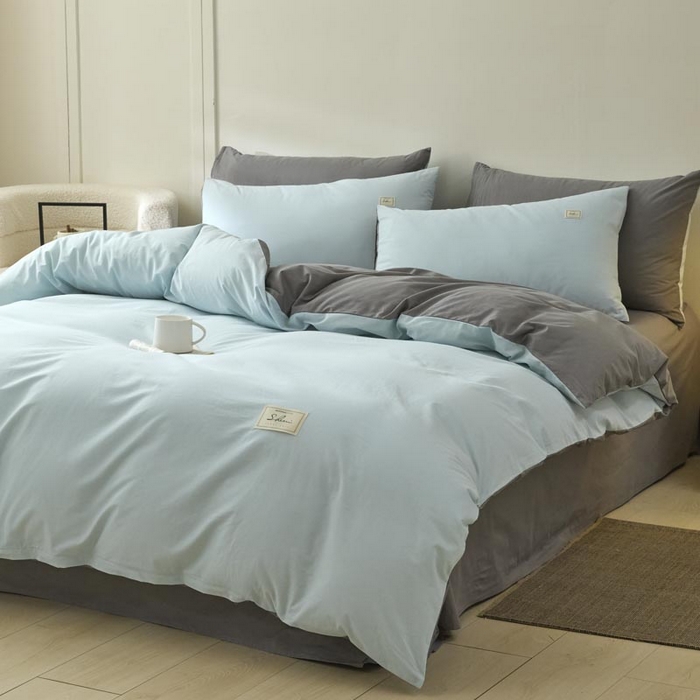 91家纺网 家纺一手货源 找家纺 ab家纺 2025新款色织全棉40支水洗棉四件套--双拼第二组 天空蓝深灰