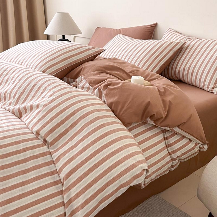 91家纺网 家纺一手货源 找家纺 ab家纺 2024新款色织全棉40支水洗棉条纹四件套  天竺棉 番茄红