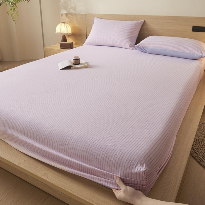 91家纺网 家纺一手货源 找家纺 ab家纺 2025新款简约色织水洗棉床笠 余晖-粉蓝