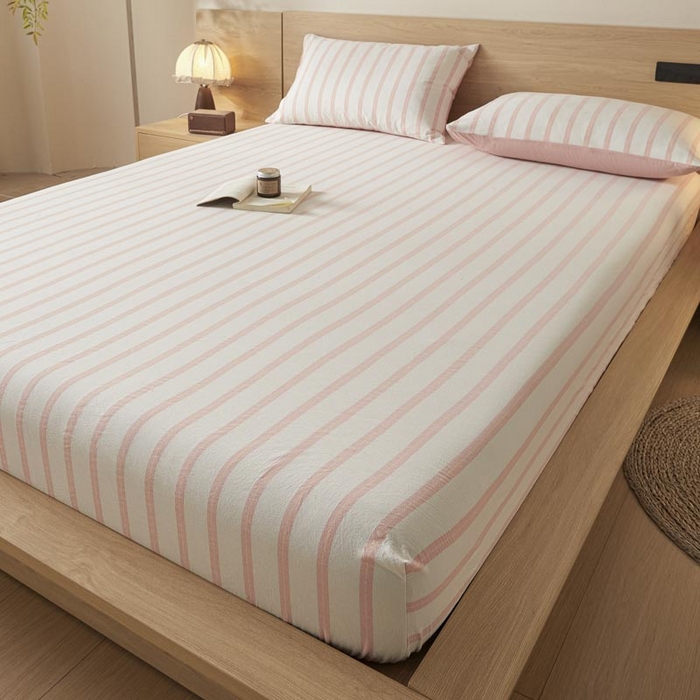 91家纺网 家纺一手货源 找家纺 ab家纺 2025新款简约色织水洗棉床笠 平行线-桔