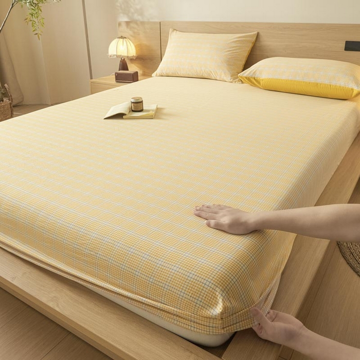 91家纺网 家纺一手货源 找家纺 ab家纺 2025新款简约色织水洗棉床笠 芙卡格-黄