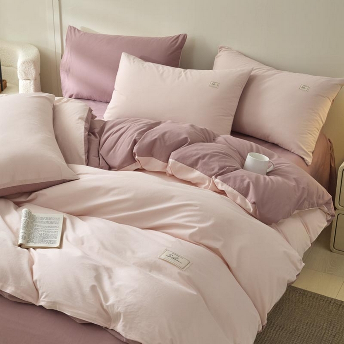 91家纺网 家纺一手货源 找家纺 ab家纺 2025新款色织全棉40支水洗棉四件套--双拼第二组 微微粉豆沙