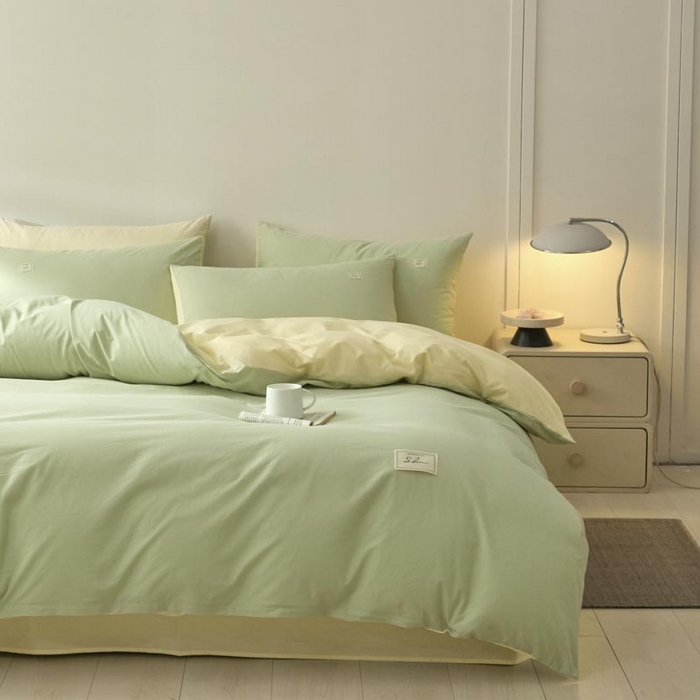 91家纺网 家纺一手货源 找家纺 ab家纺 2025新款色织全棉40支水洗棉四件套--双拼第二组 橄榄绿杏黄