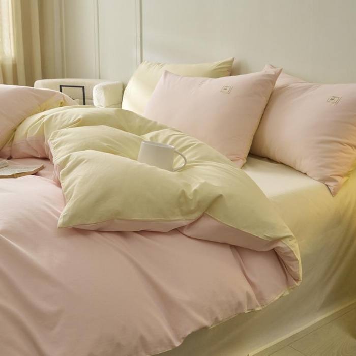 91家纺网 家纺一手货源 找家纺 ab家纺 2025新款色织全棉40支水洗棉四件套--双拼第二组 微微粉杏黄