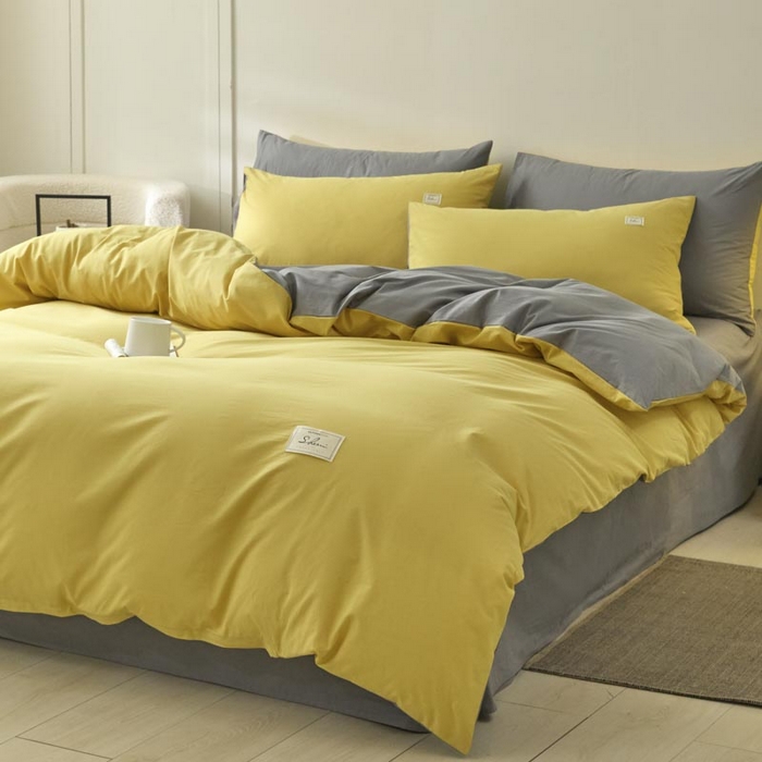 91家纺网 家纺一手货源 找家纺 ab家纺 2025新款色织全棉40支水洗棉四件套--双拼第二组 姜黄深灰