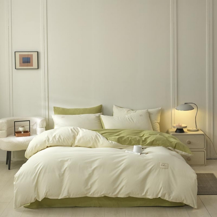 91家纺网 家纺一手货源 找家纺 ab家纺 2025新款色织全棉40支水洗棉四件套--双拼第二组 杏黄橄榄绿