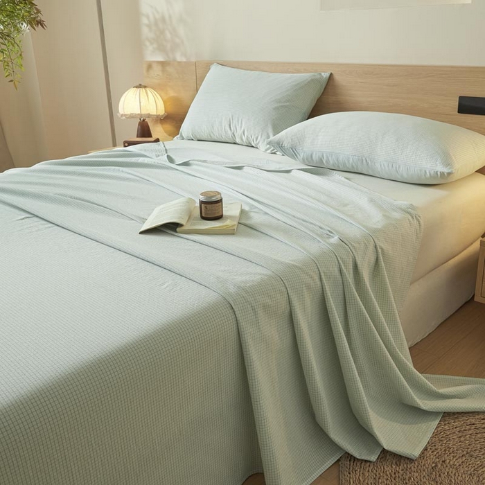 91家纺网 家纺一手货源 找家纺 ab家纺 2025新款简约色织水洗棉床单 可颂-蓝