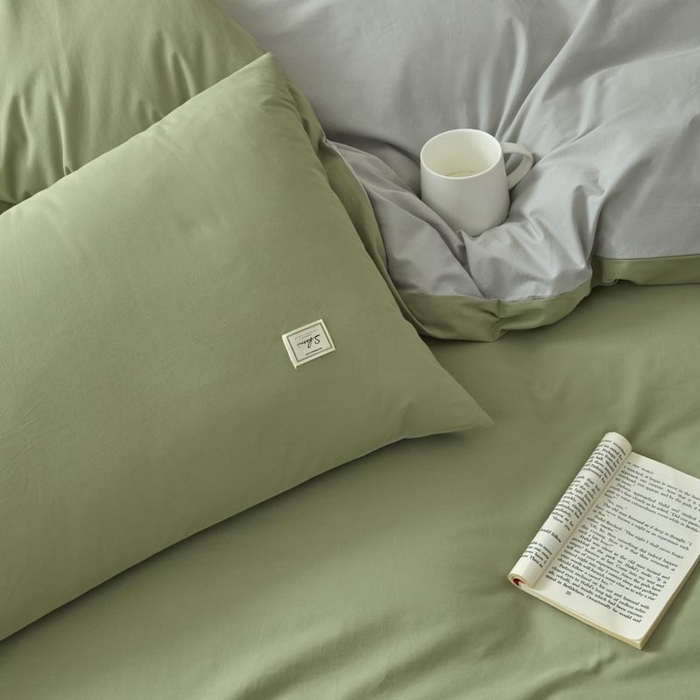 91家纺网 家纺一手货源 找家纺 ab家纺 2025新款色织全棉40支水洗棉四件套--双拼第二组 素绿浅灰