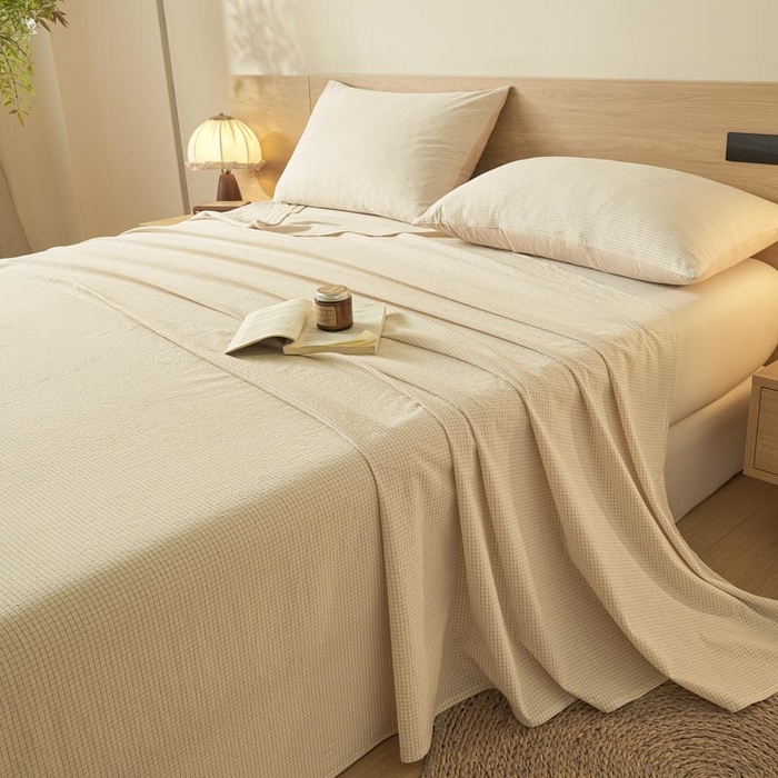 91家纺网 家纺一手货源 找家纺 ab家纺 2025新款简约色织水洗棉床单 可颂-黄