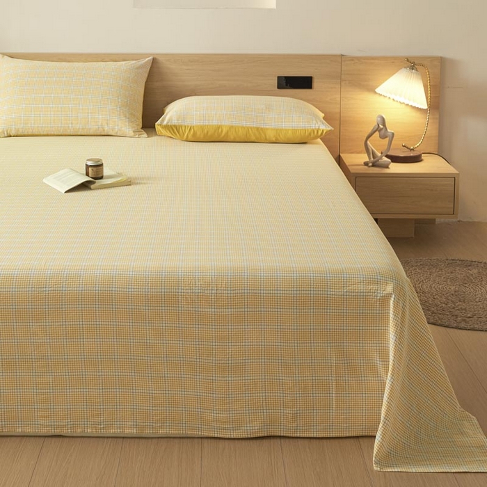 91家纺网 家纺一手货源 找家纺 ab家纺 2025新款简约色织水洗棉床单 芙卡格-黄