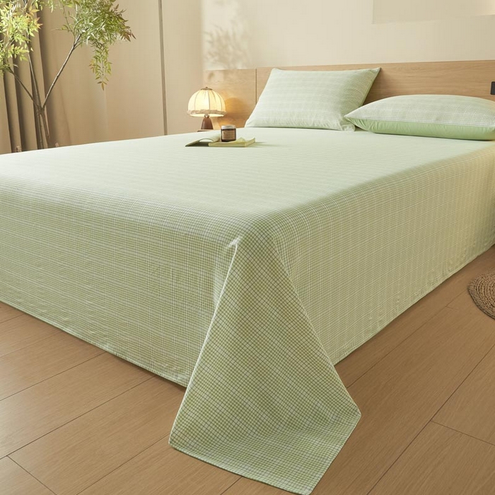 91家纺网 家纺一手货源 找家纺 ab家纺 2025新款简约色织水洗棉床单 可颂-绿