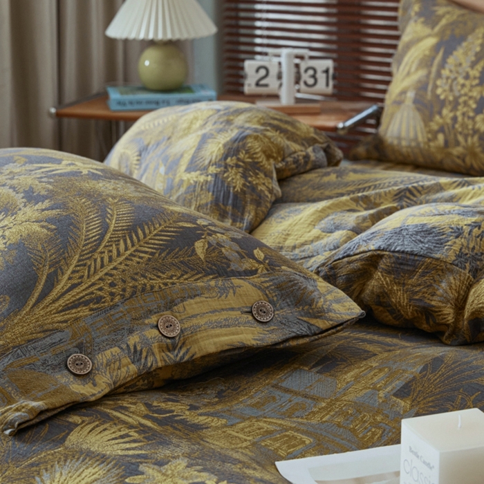 91家纺网 家纺一手货源 找家纺 鲁爱 2025新款全棉色织双层纱纽扣款四件套 玉树琼林-黑金