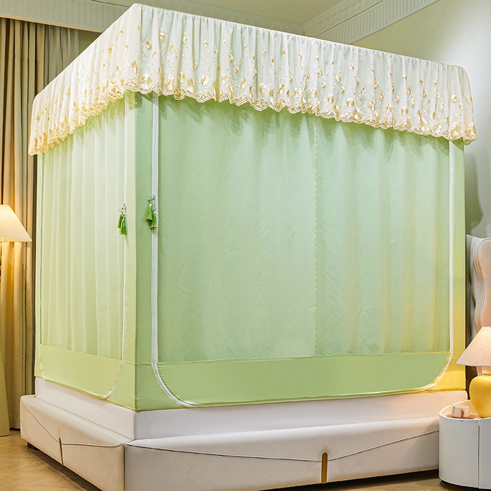 91家纺网 家纺一手货源 找家纺 艾晶美家纺有限公司 2025新款坐式刺绣床帘蚊帐 青果绿