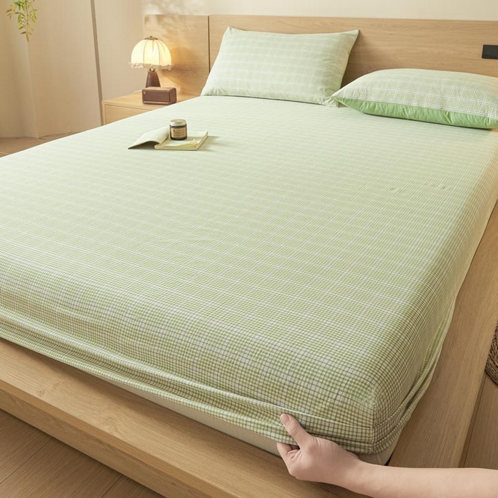 91家纺网 家纺一手货源 找家纺 ab家纺 2025新款简约色织水洗棉床笠 可颂-绿