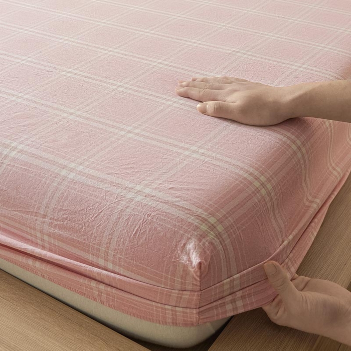 91家纺网 家纺一手货源 找家纺 ab家纺 2025新款简约色织水洗棉床笠 希格文-粉