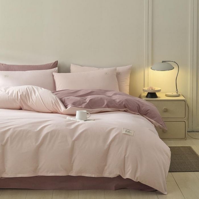 91家纺网 家纺一手货源 找家纺 ab家纺 2025新款色织全棉40支水洗棉四件套--双拼第二组 微微粉豆沙