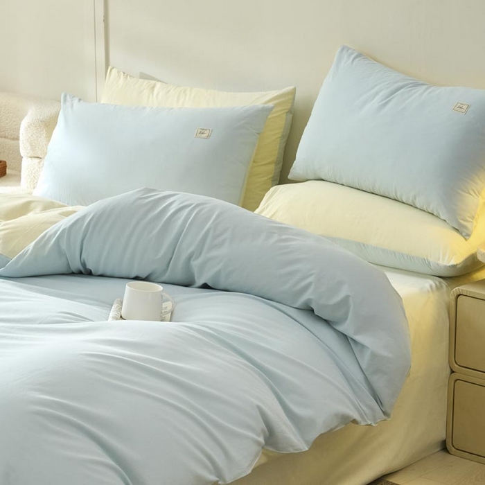 91家纺网 家纺一手货源 找家纺 ab家纺 2025新款色织全棉40支水洗棉四件套--双拼第二组 天空蓝杏黄