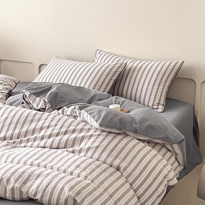 91家纺网 家纺一手货源 找家纺 ab家纺 2024新款色织全棉40支水洗棉条纹四件套  天竺棉 稀咖