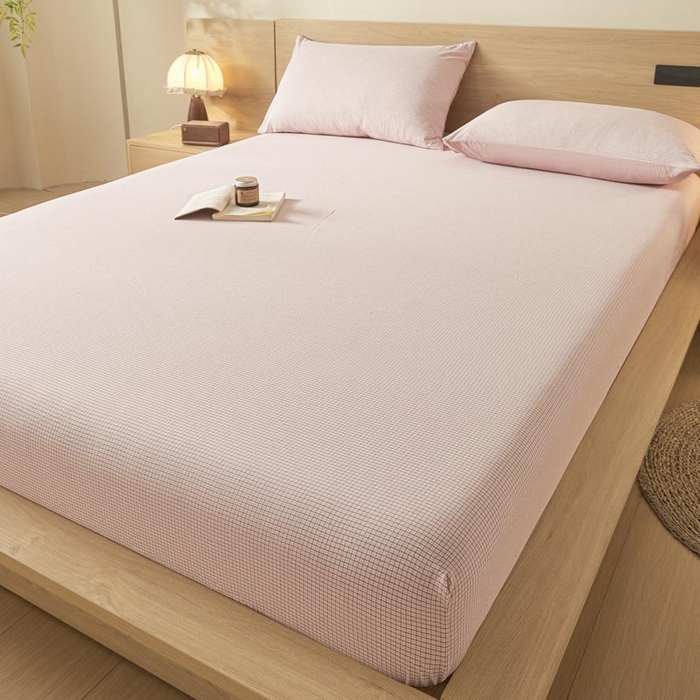 91家纺网 家纺一手货源 找家纺 ab家纺 2025新款简约色织水洗棉床笠 可颂-粉