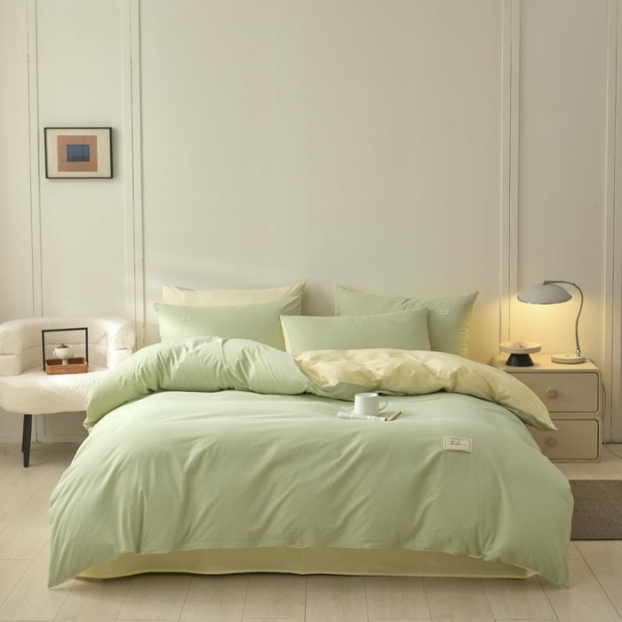 91家纺网 家纺一手货源 找家纺 ab家纺 2025新款色织全棉40支水洗棉四件套--双拼第二组 橄榄绿杏黄