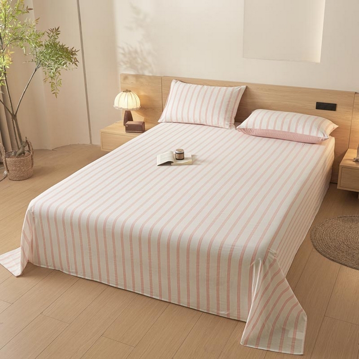 91家纺网 家纺一手货源 找家纺 ab家纺 2025新款简约色织水洗棉床单 平行线-桔