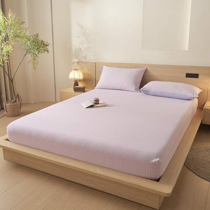 91家纺网 家纺一手货源 找家纺 ab家纺 2025新款简约色织水洗棉床笠 余晖-粉蓝