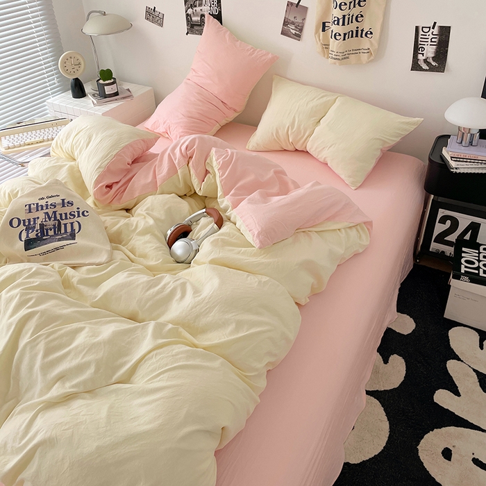 91家纺网 家纺一手货源 找家纺 优承佳生活馆 2025新款ins风纯色水洗m四件套 柠檬粉