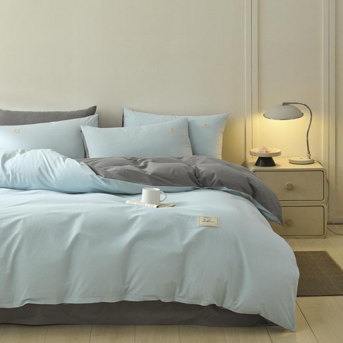 91家纺网 家纺一手货源 找家纺 ab家纺 2025新款色织全棉40支水洗棉四件套--双拼第二组 天空蓝深灰