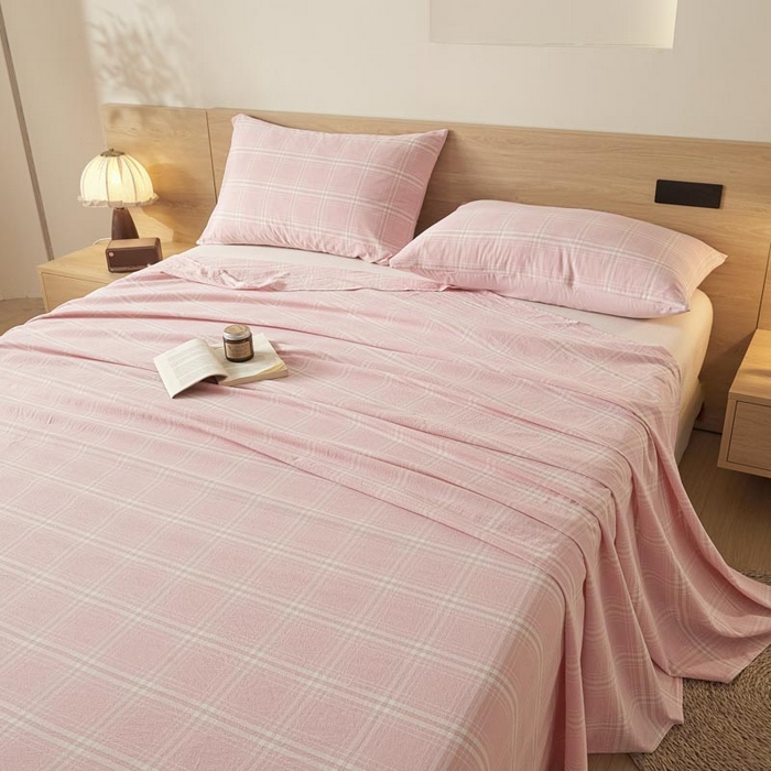 91家纺网 家纺一手货源 找家纺 ab家纺 2025新款简约色织水洗棉床单 希格文-粉