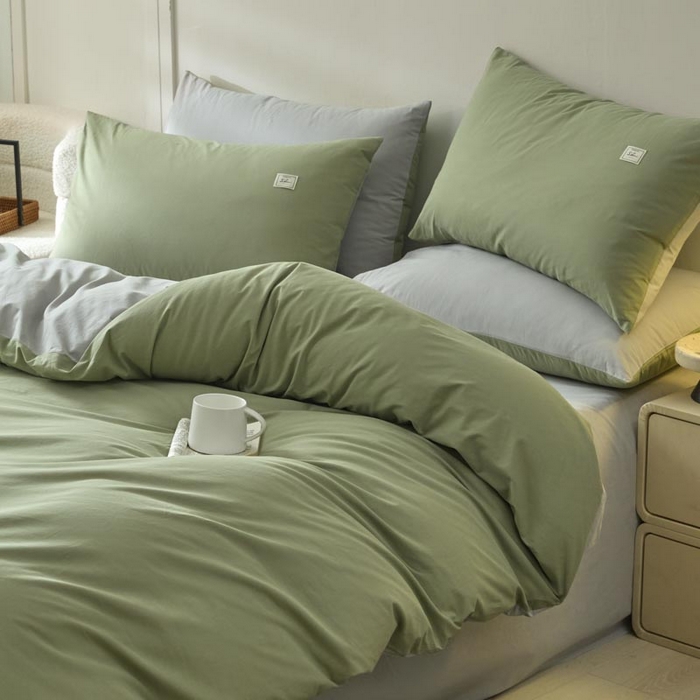 91家纺网 家纺一手货源 找家纺 ab家纺 2025新款色织全棉40支水洗棉四件套--双拼第二组 素绿浅灰