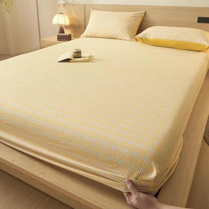 91家纺网 家纺一手货源 找家纺 ab家纺 2025新款简约色织水洗棉床笠 芙卡格-黄