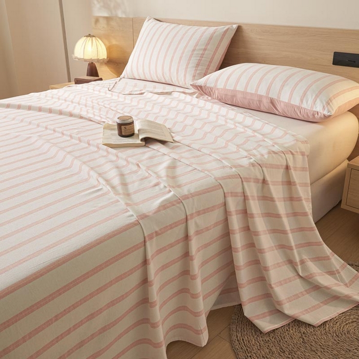 91家纺网 家纺一手货源 找家纺 ab家纺 2025新款简约色织水洗棉床单 平行线-桔