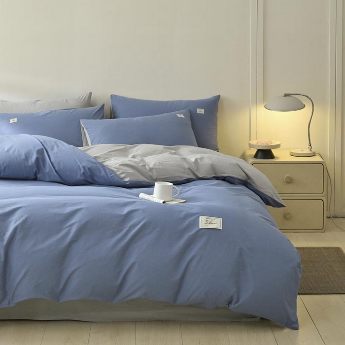 91家纺网 家纺一手货源 找家纺 ab家纺 2025新款色织全棉40支水洗棉四件套--双拼第二组 宾利蓝浅灰