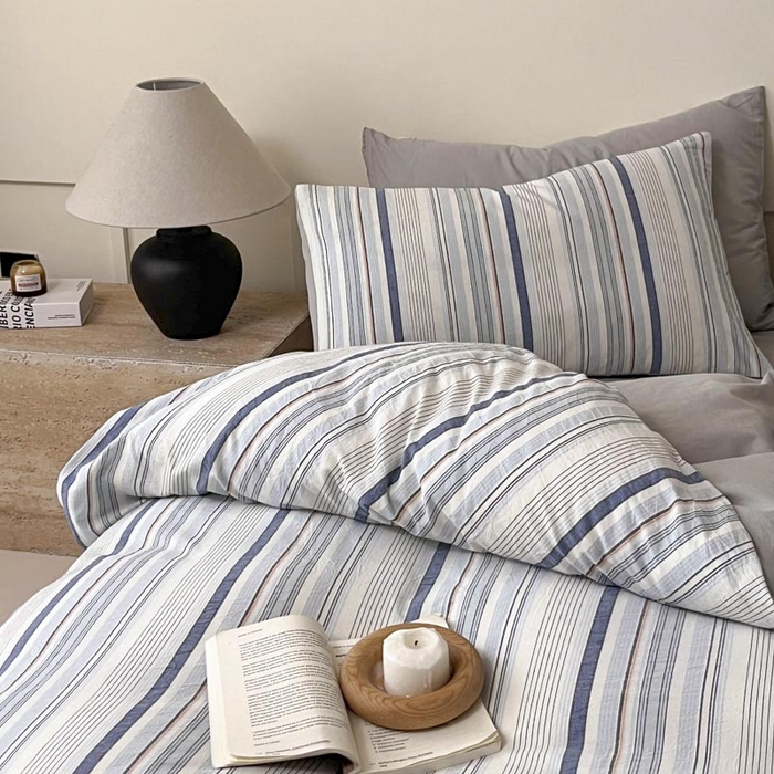 91家纺网 家纺一手货源 找家纺 ab家纺 2024新款色织全棉40支水洗棉条纹四件套  西蒙-蓝