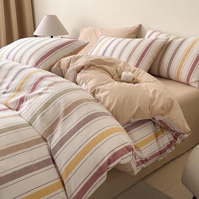 91家纺网 家纺一手货源 找家纺 ab家纺 2024新款色织全棉40支水洗棉条纹四件套  里威 五彩条