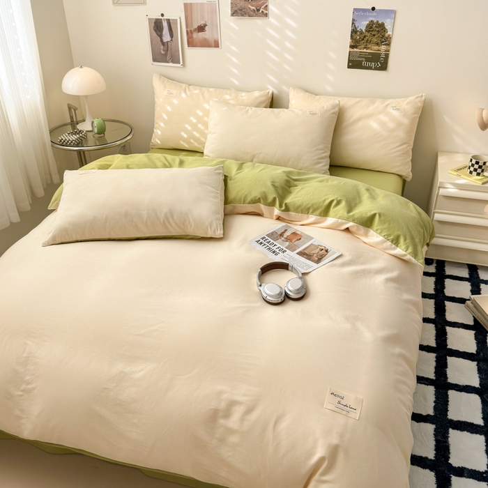 91家纺网 家纺一手货源 找家纺 曼之夏 2025新款全棉双拼四件套 贴标-米色+草绿