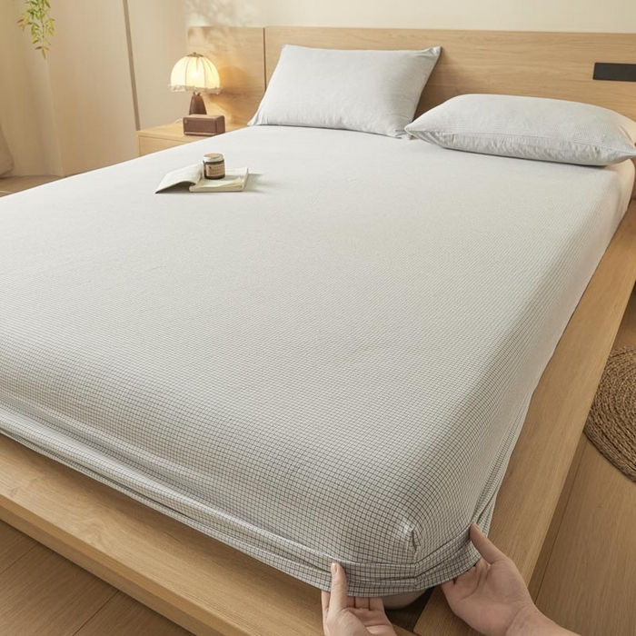 91家纺网 家纺一手货源 找家纺 ab家纺 2025新款简约色织水洗棉床笠 可颂-灰