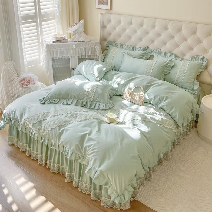 91家纺网 家纺一手货源 找家纺 恋尚 2025新款60贡缎长绒棉床笠裙款四件套-赫朵 赫朵 香草绿