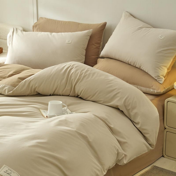 91家纺网 家纺一手货源 找家纺 ab家纺 2025新款色织全棉40支水洗棉四件套--双拼第二组 卡其米咖