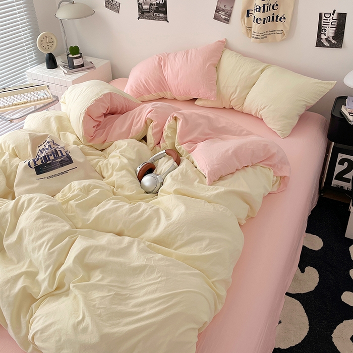 91家纺网 家纺一手货源 找家纺 优承佳生活馆 2025新款ins风纯色水洗m四件套 柠檬粉