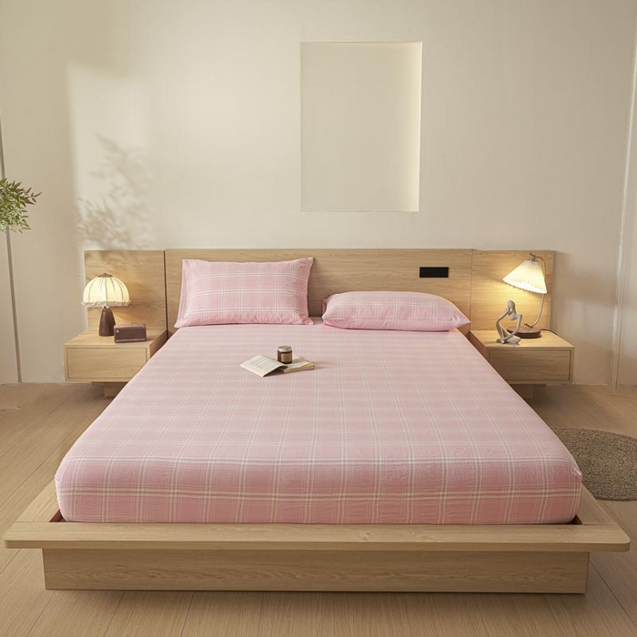 91家纺网 家纺一手货源 找家纺 ab家纺 2025新款简约色织水洗棉床笠 希格文-粉